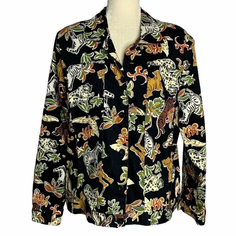Jungle Safari Animal Shirt Jacket L Black Button